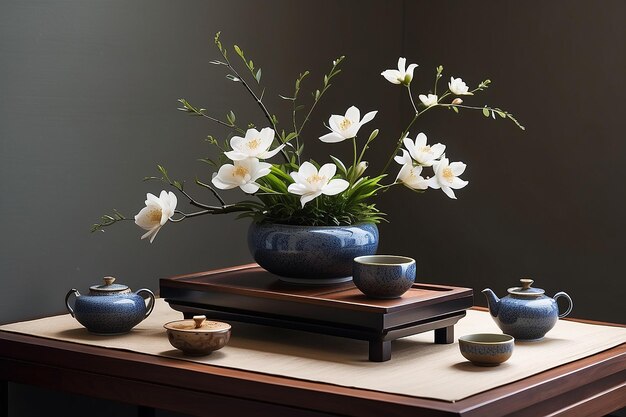 Japanese Ikebana Flower Arrangement on a Tea Table Infusing Tranquility and Artistry into Tea Time