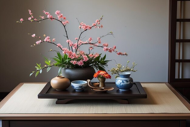 Photo japanese ikebana flower arrangement on a tea table