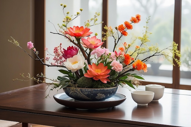 Photo japanese ikebana flower arrangement on a tea table