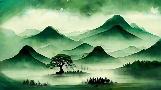 Japanese inkwash painting majestic mountains lush forests glittering lakes