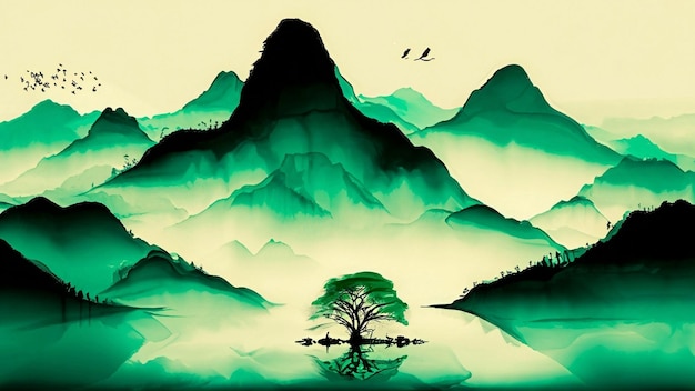 日本の水墨画 雄大な山々 緑豊かな森林 きらめく湖
