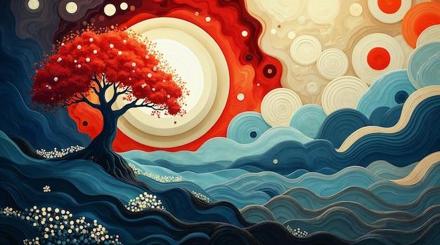 japanese-inspired landscape with red tree and ocean