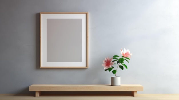 Japanese Inspired Wooden Table With Potted Flower And Frame 3d Rendering