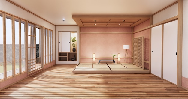 Interno giapponese del soggiorno rosa sakura per la modifica. rendering 3d