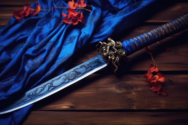Японский меч катана на деревянном фоне, задрапированный синей шалью
