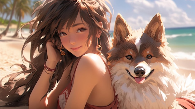 Japanese Kawaii and Anime Vibes Digital Art of a Girl with Dog on a Beach