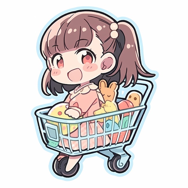 Japanese Kawaii Shopping Girl Chibi Anime Vector Art Sticker with Clean Bold Line Cute Simple