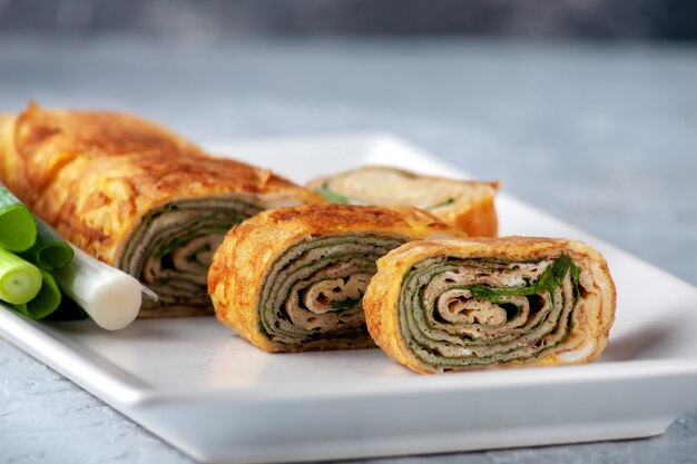 Japanese kitchen tamagoyaki  japanese omelet rolled several layers of fried egg