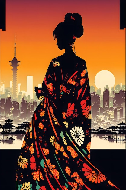 Japanese kitsune woman wearing a kimono looking to oriental city neural network generated art
