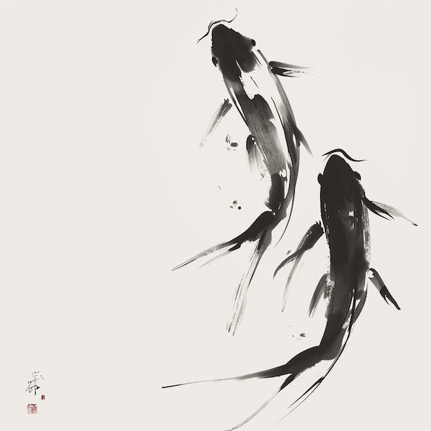 Japanese Koi carp Fish ink drawn style