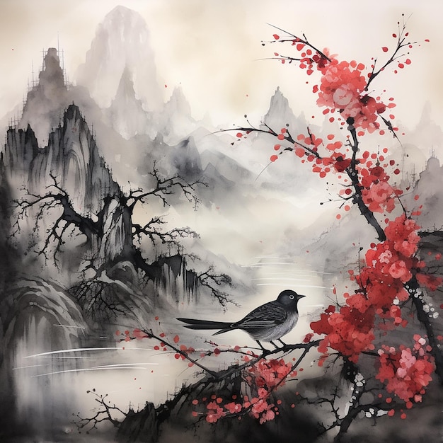 Photo japanese landscape ink wash painting