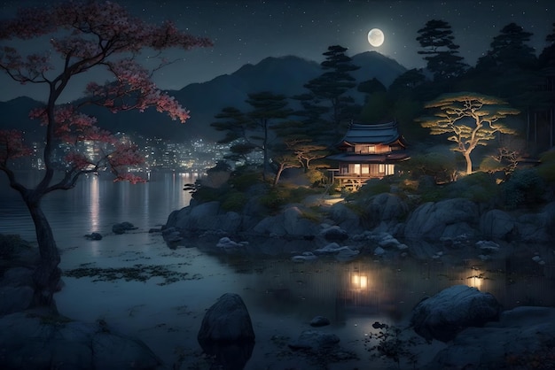 日本の寺院の夜景と山の森の風景 ジェネレーティブ AI