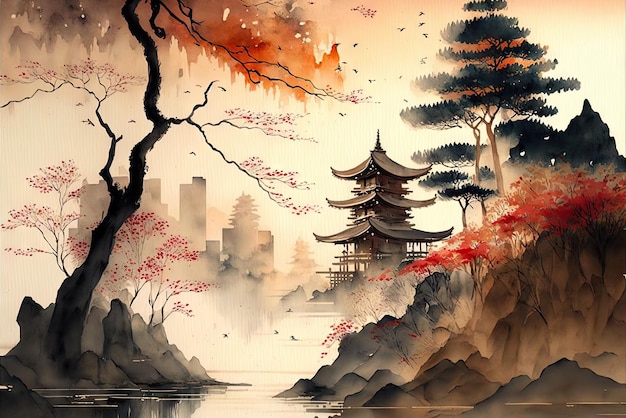 Japanese Landscape Painting Japan Garden Watercolor Draw Drawing Imitation Abstract Generative AI Illustration