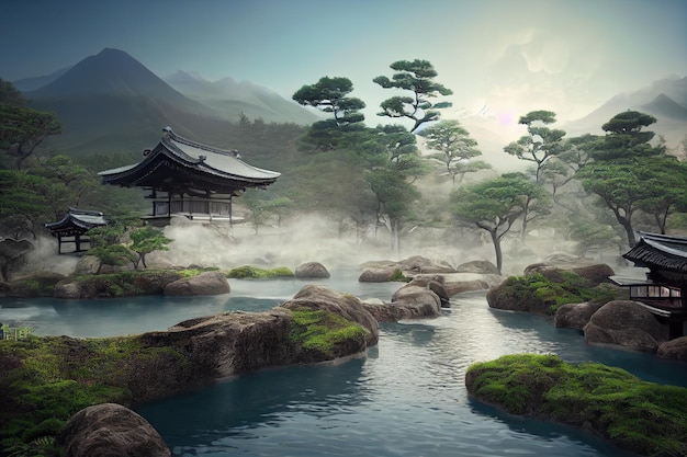 Japanese landscape spa Japanese hot springs ancient architecture 3D illustration 3d rendering