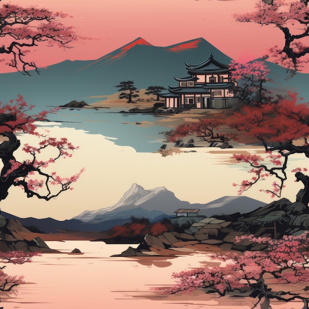 a japanese landscape with cherry blossoms and mountains