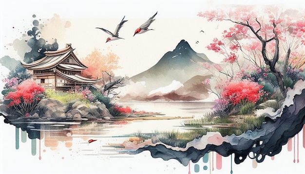 Japanese landscape with lakehouse birds fishesGenerative AI