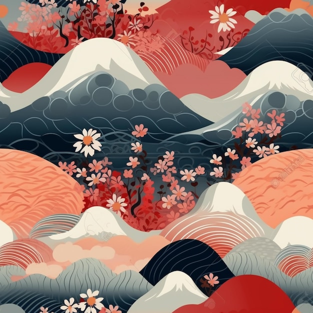 A japanese landscape with mountains and flowers.