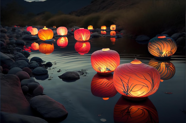 Japanese lanterns floating on the riverbed