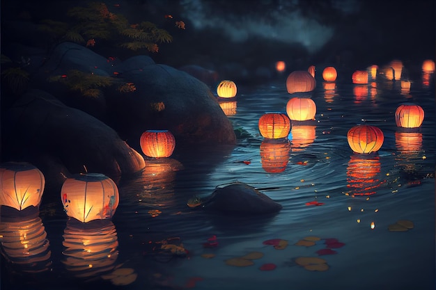 Японские фонарики плывут по руслу реки