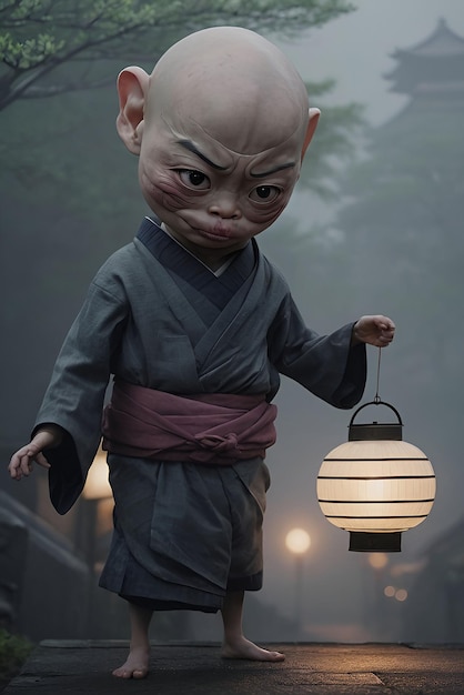 Japanese little monk with lanterns in the foggy morning