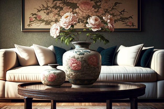 Japanese living room interior with vases of large peonies and low coffee table