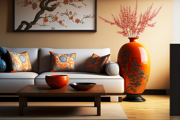 Photo japanese living room with orange sofa and large multicolored vase on table