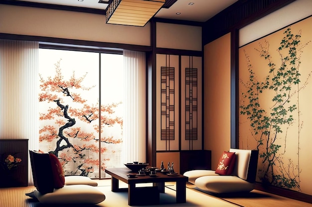 부드러운 의자와 일본식 실내 장식을 갖춘 일본식 거실