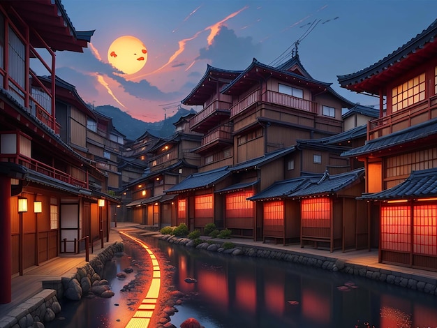 Japanese magical village summer strong lighting vector sunset background