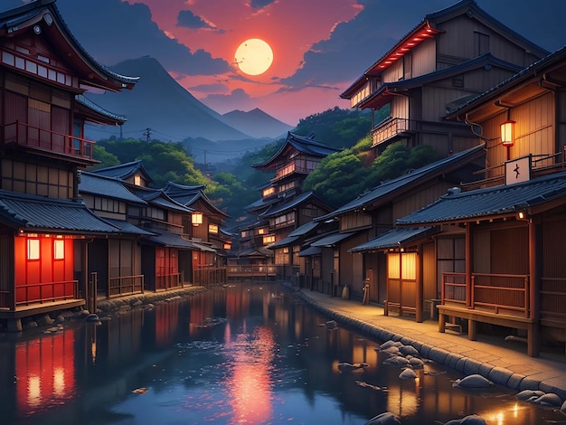 Japanese magical village summer strong lighting vector sunset background