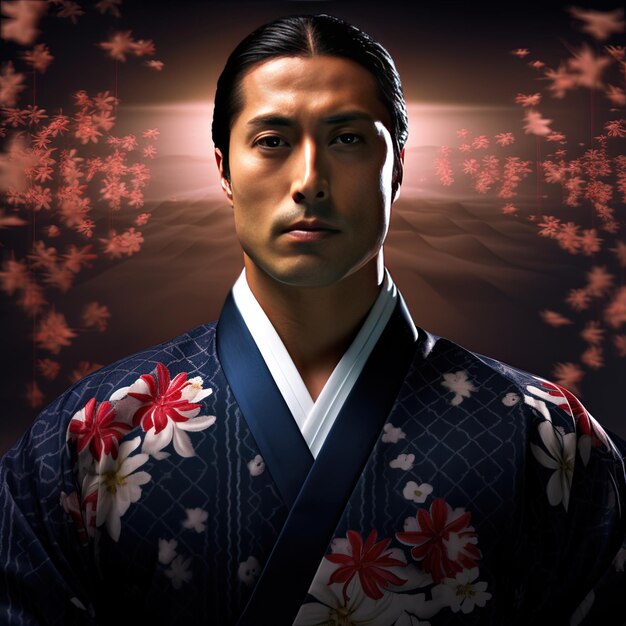 японский мужчина в кимоно с цветами на заднем плане