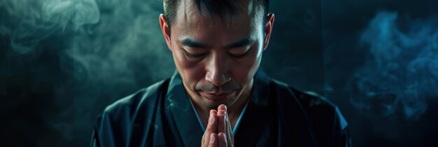 写真 暗いスタジオの背景で神に祈る日本人映画効果