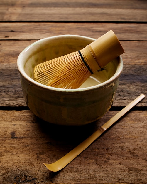 Japanese matcha green tea on wood plank