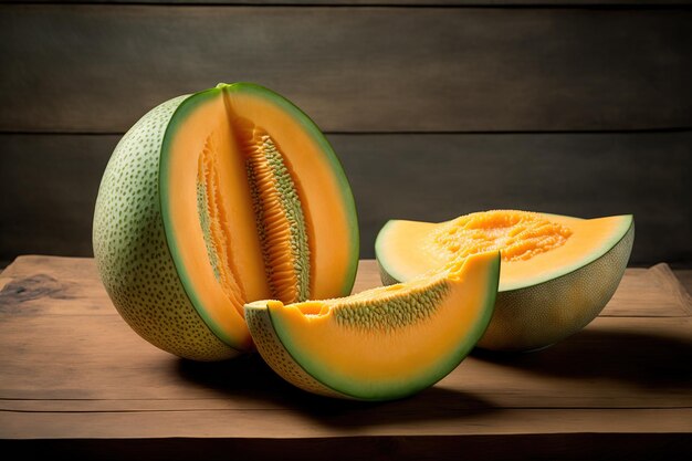 Japanese melons honey melon or cantaloupe Cucumis melo whole and sliced on a wooden table background Summertime fruit of choice Food fruits or the idea of healthcare
