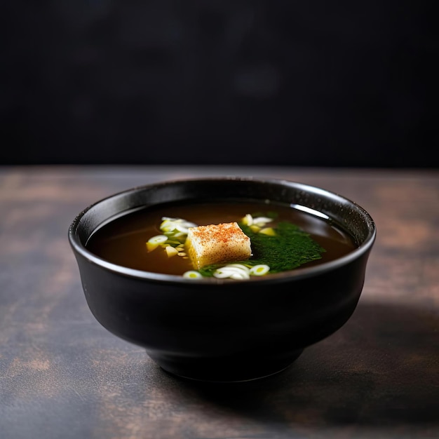 Japanese miso soup with dumplings and green onions on dark background