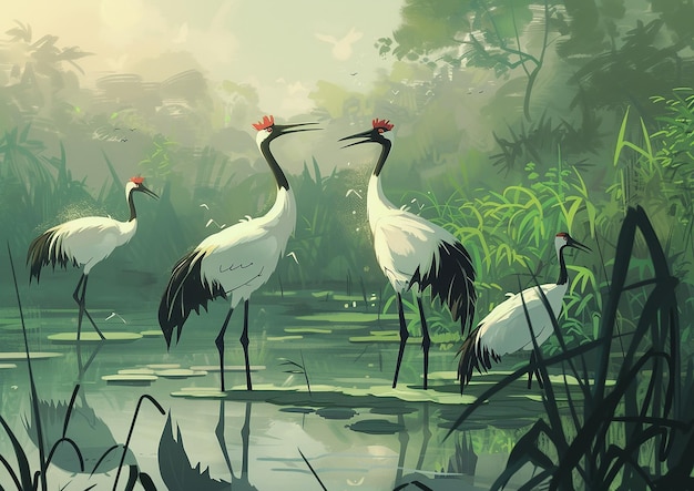 Japanese Miyazaki Style Several RedCrowned Cranes