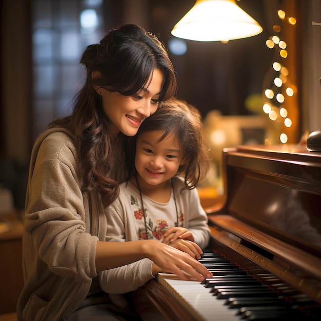 Japanese mother and daughter teaching and learning to play piano