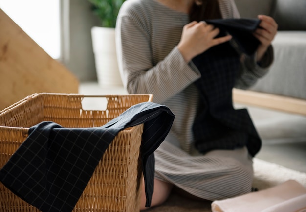 Japanese mother folding clothes