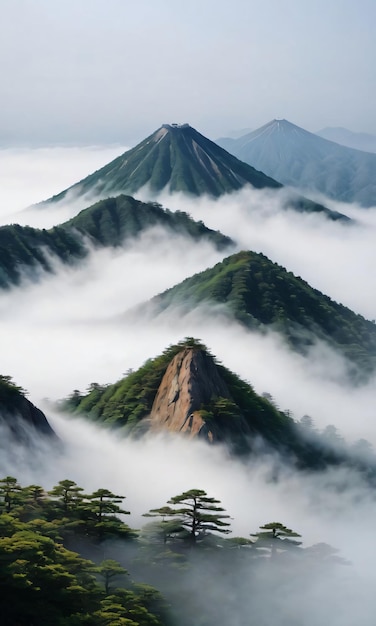 Фото Японская горная местность с туманом