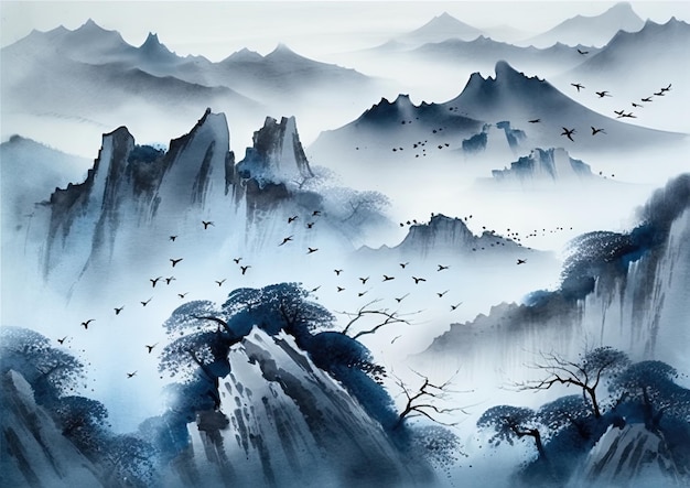 Japanese Mountains in Ink Wash Style with Flying Birds on Paper