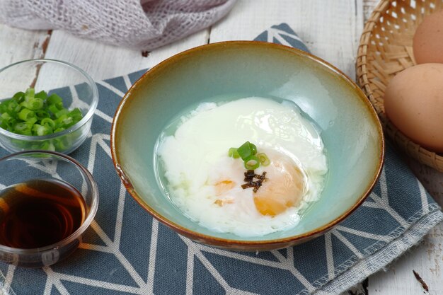 japanese onsen egg or Soft boiled egg on the table