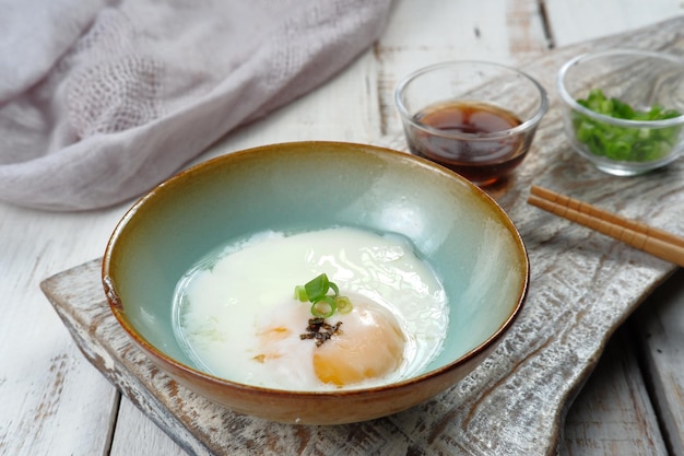 japanese onsen egg or Soft boiled egg on the table