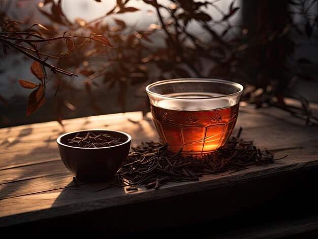 日本のオルガニック・ホジチャ・ティー (Japanese Traditional Hojicha Tea) はお茶のカップの中に生地をいたりお茶を飲んだりしている