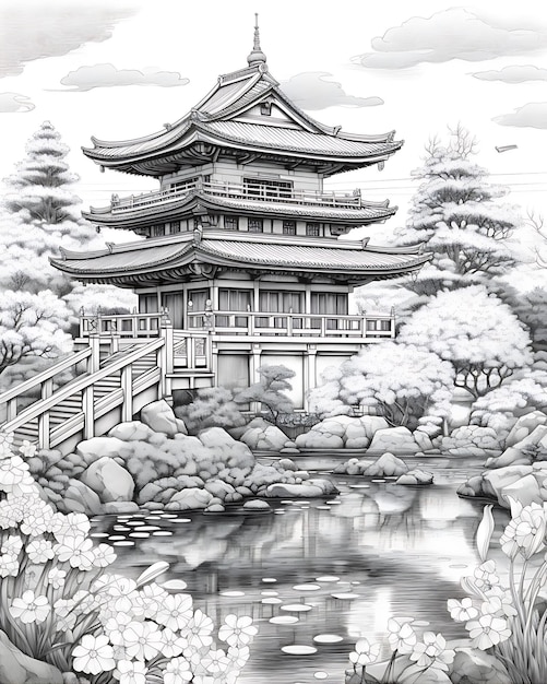 Japanese Pagoda House Black and White Drawing