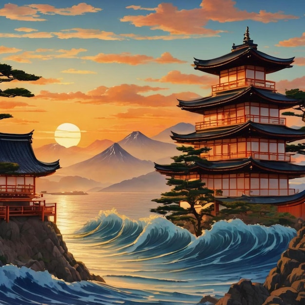 Japanese pagoda and ocean waves at sunset