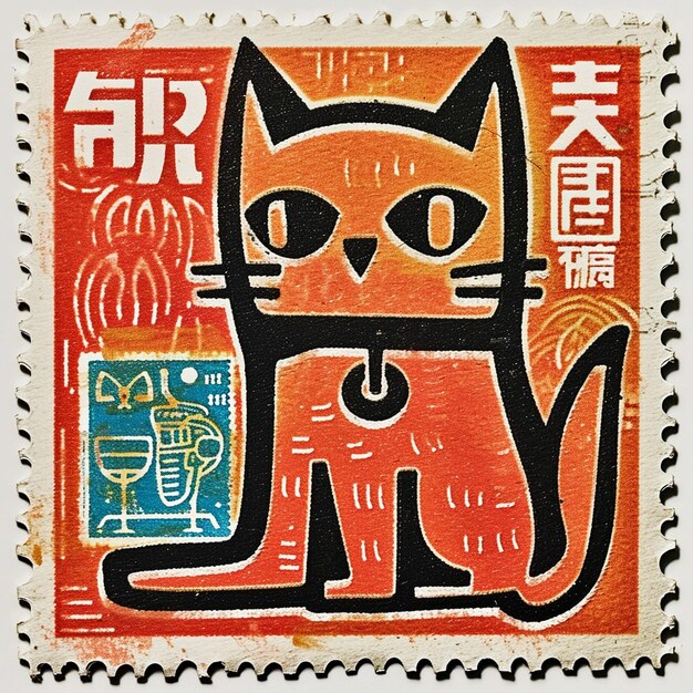 A japanese postage stamp in the style of linocut Popart