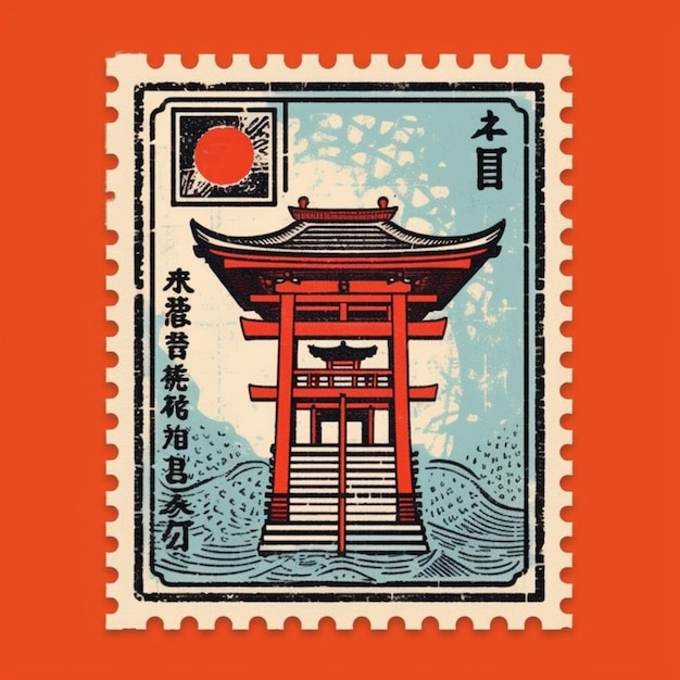 A japanese postage stamp with a torii gate in popart style