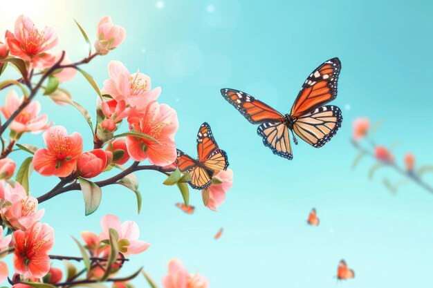 Японские кветки и бабочки-монархи на голубом небе