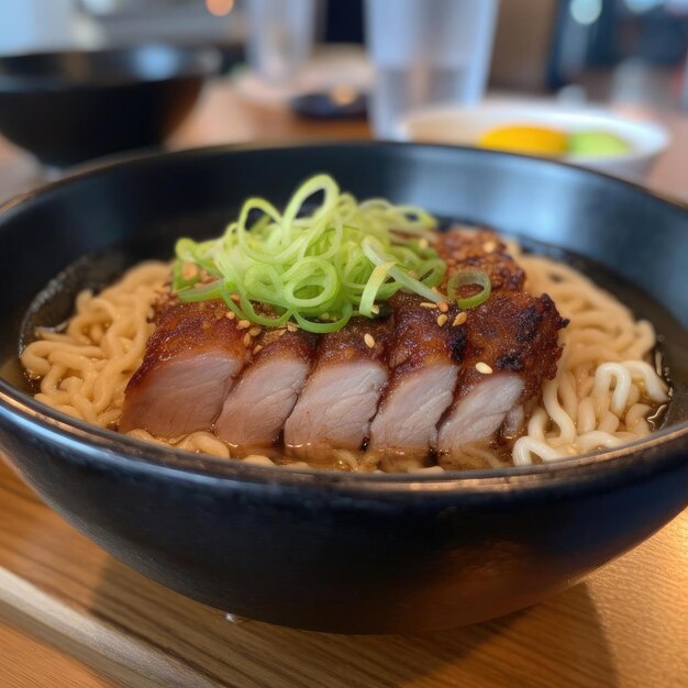 Japanese ramen noodle with pork meat in black bowl on wooden table