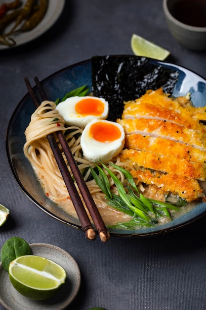 닭고기, 계란, 국수가 들어간 일본라면 스프