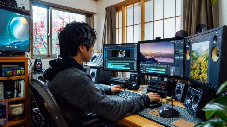 Photo 日本の遠隔作業員が自宅のオフィスでデュアルモニターでビデオ編集スイートを設置しています